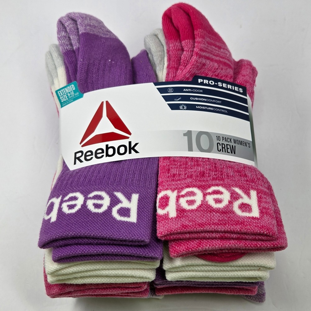 Reebok Womens Pro-Series Crew Socks 10 Pack PinkPurpleWhite Extended Size 9-12
